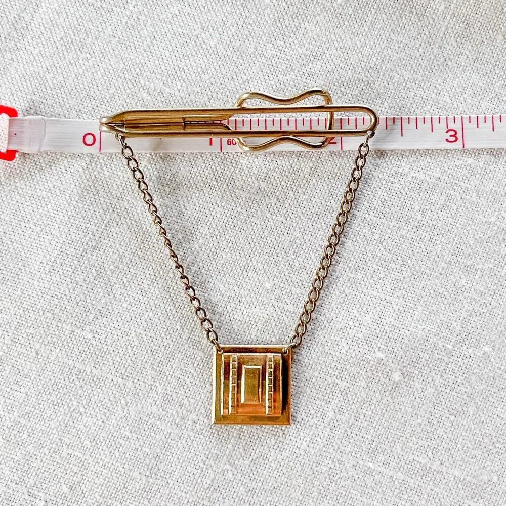 Vintage Hadley Tie Bar Clip Chain Gold Tone Mens Formal Wedding Groom Classic